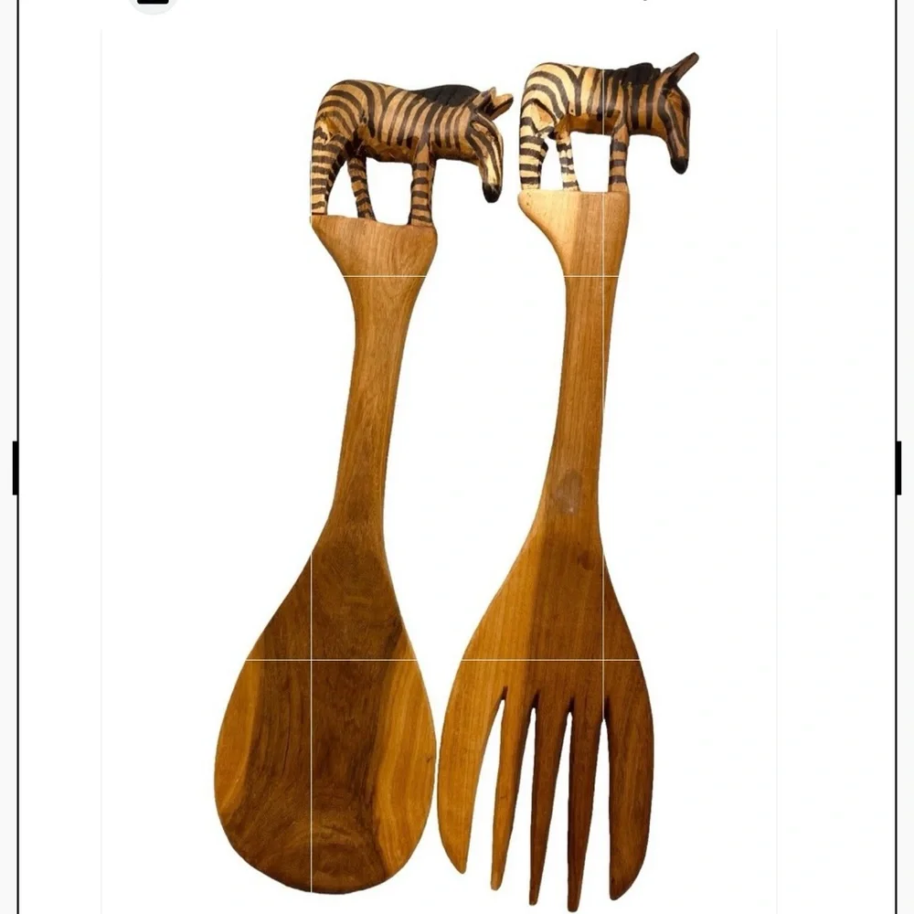 Handcrafted Wooden Zebra Salad Servers 12” Fork & Spoon